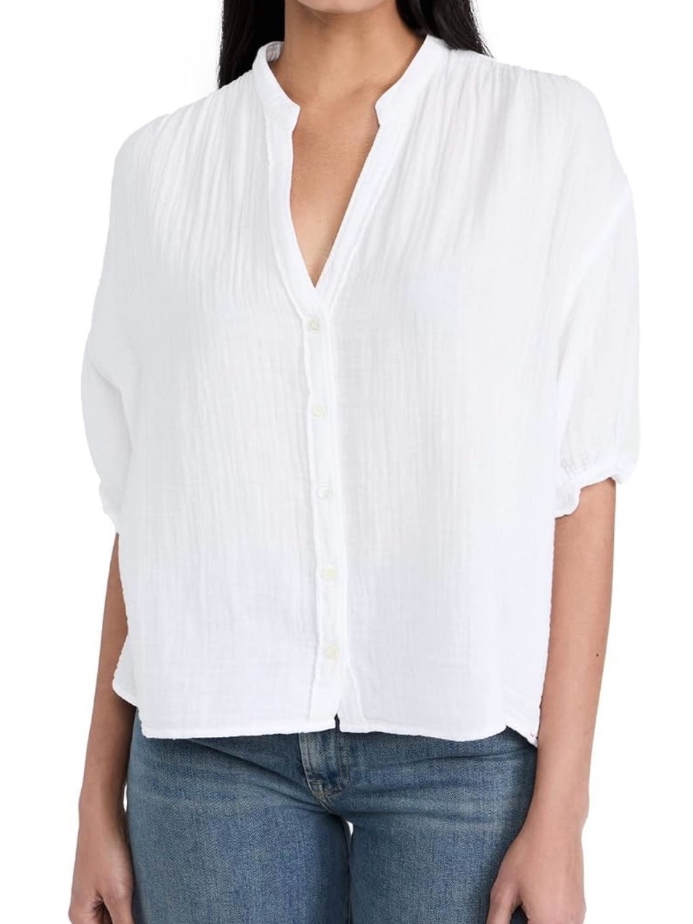 XiRENA Alyss White Gauze Button-Front V-Neck Blouse